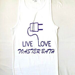 New, Lg, White Long Tank Top, " Live Love Toaster Bath" Vinyl Decal, Stretchy